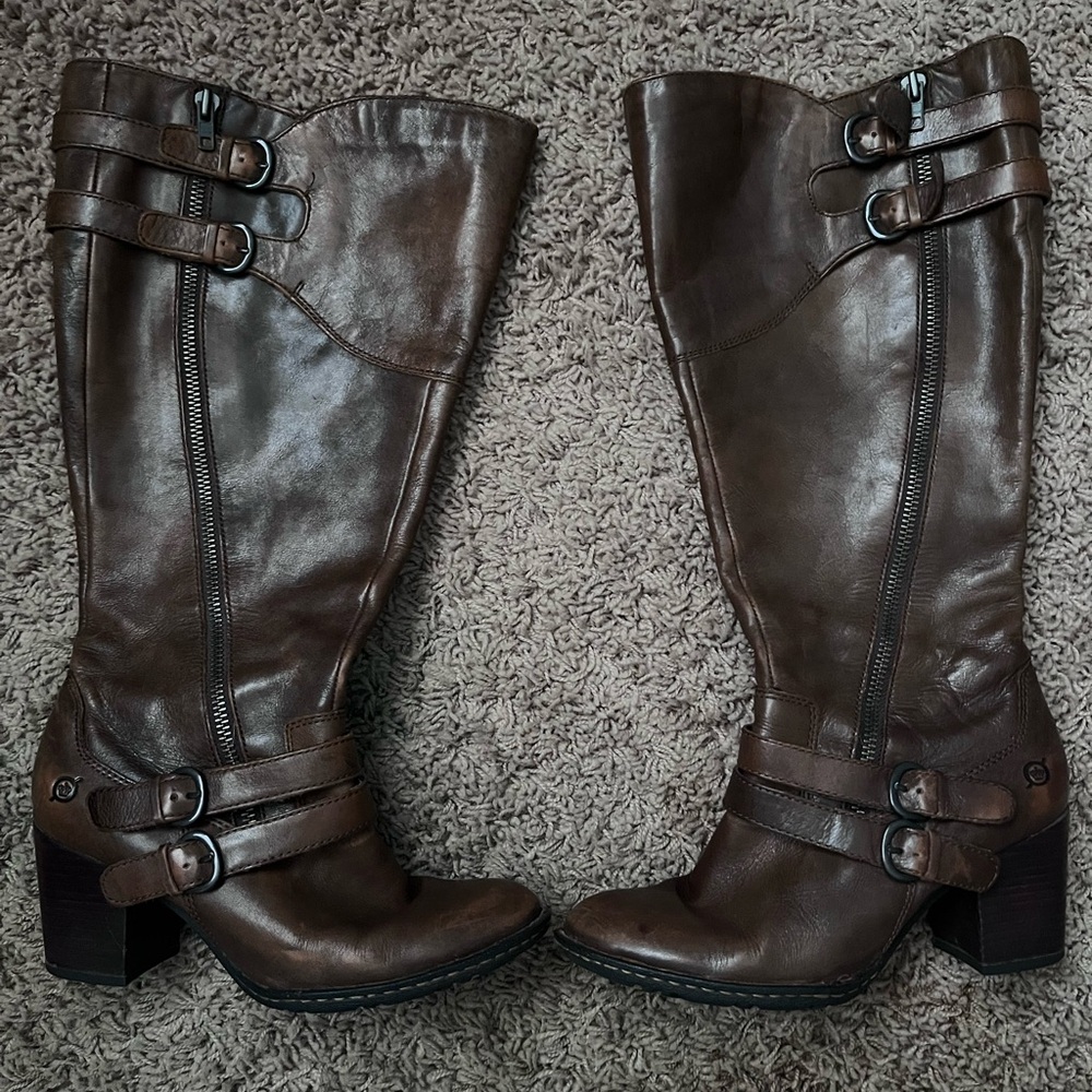 Born Dark Brown Leather Heeled Boots with Buckles